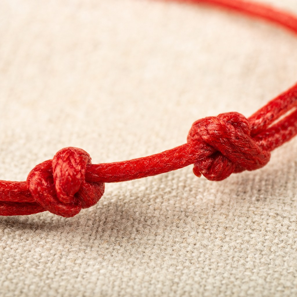 Detalle de los nudos hechos a mano en el cordón rojo