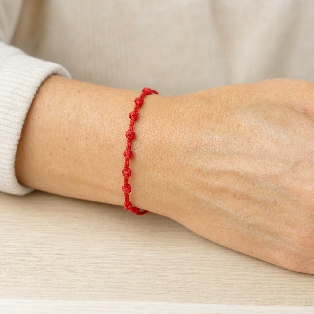 Pulsera de los 7 Nudos puesta en la muñeca