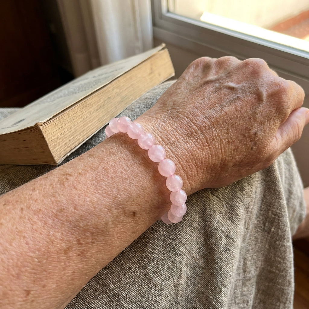 Pulsera de Cuarzo Rosa puesta en la muñeca