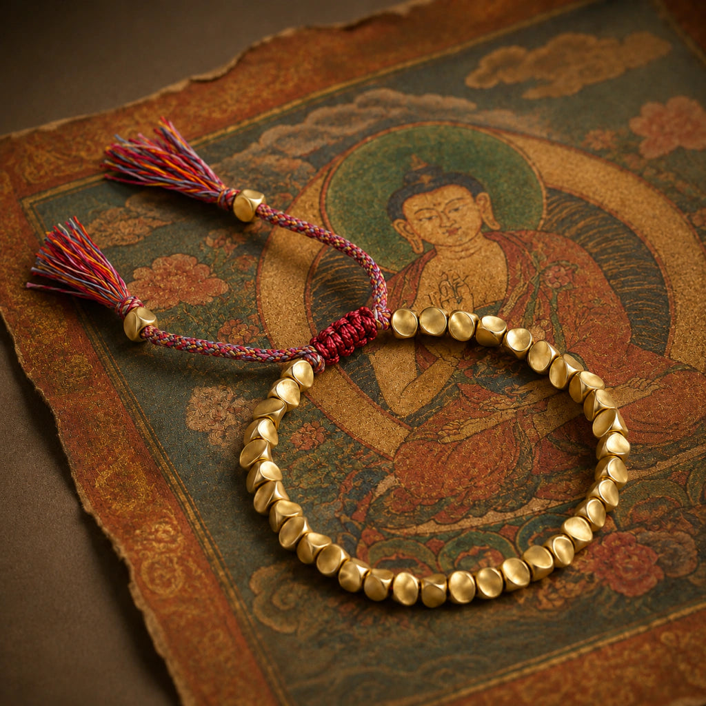 Pulsera Tibetana de la Fortuna sobre un thangka tibetano